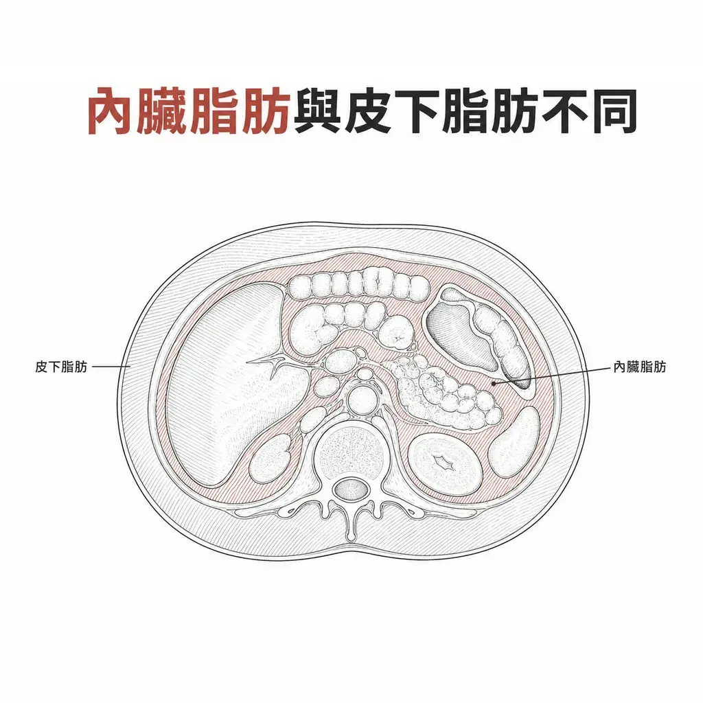 腹部橫斷面線稿：皮下脂肪位於腹壁外層，內臟脂肪位於腹腔內、腸道之間