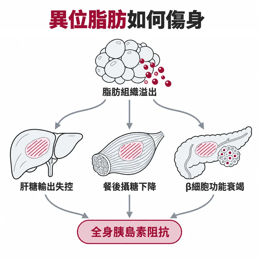線稿插圖:肝臟、胰臟與骨骼肌各有一塊暖磚色排線的脂質沉積,旁邊標示三個器官各自的後果
