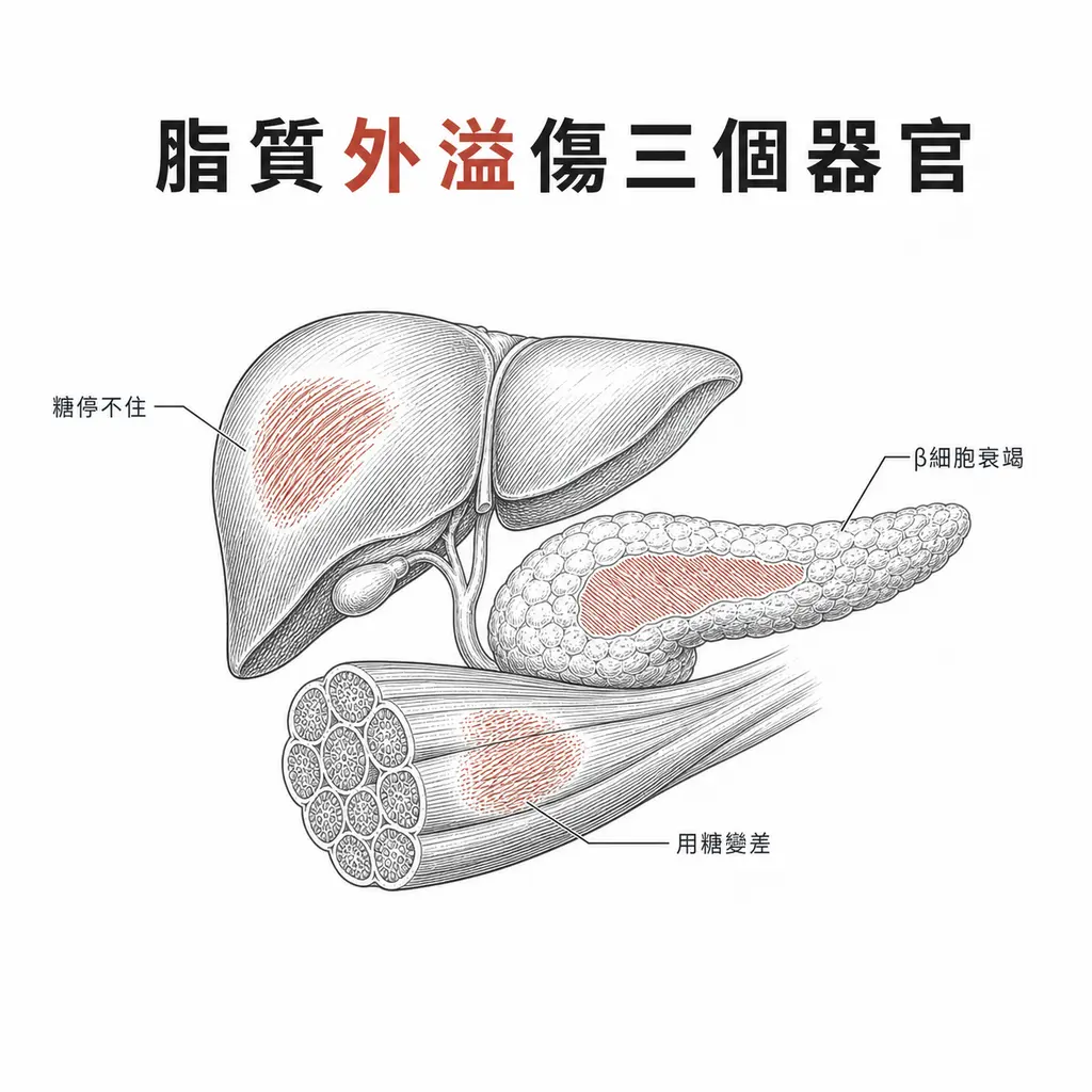 線稿插圖：肝臟、胰臟與骨骼肌各有一塊暖磚色排線的脂質沉積，旁邊標示三個器官各自的後果