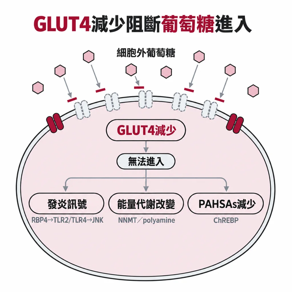 線稿插圖:脂肪細胞膜上多數葡萄糖通道以虛線表示缺失,細胞外的葡萄糖無法進入