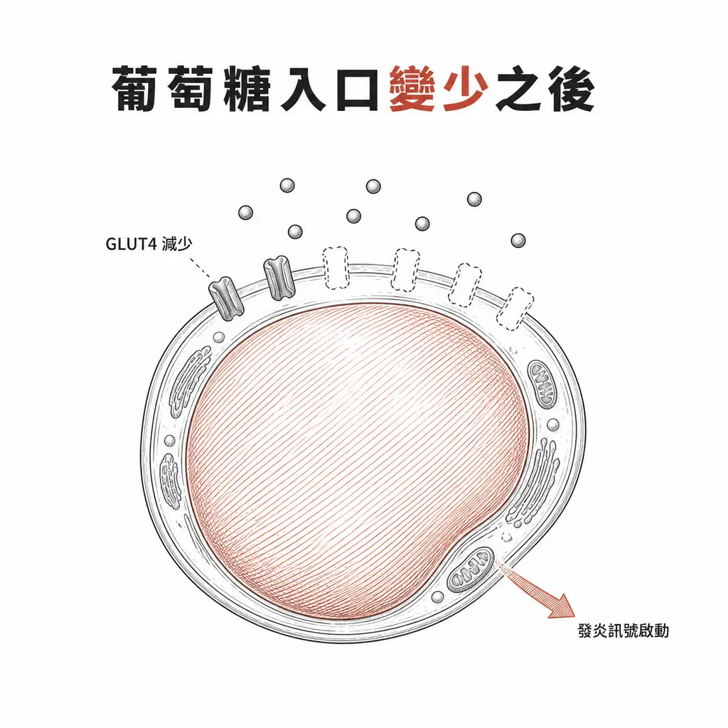 線稿插圖：脂肪細胞膜上多數葡萄糖通道以虛線表示缺失，細胞外的葡萄糖無法進入