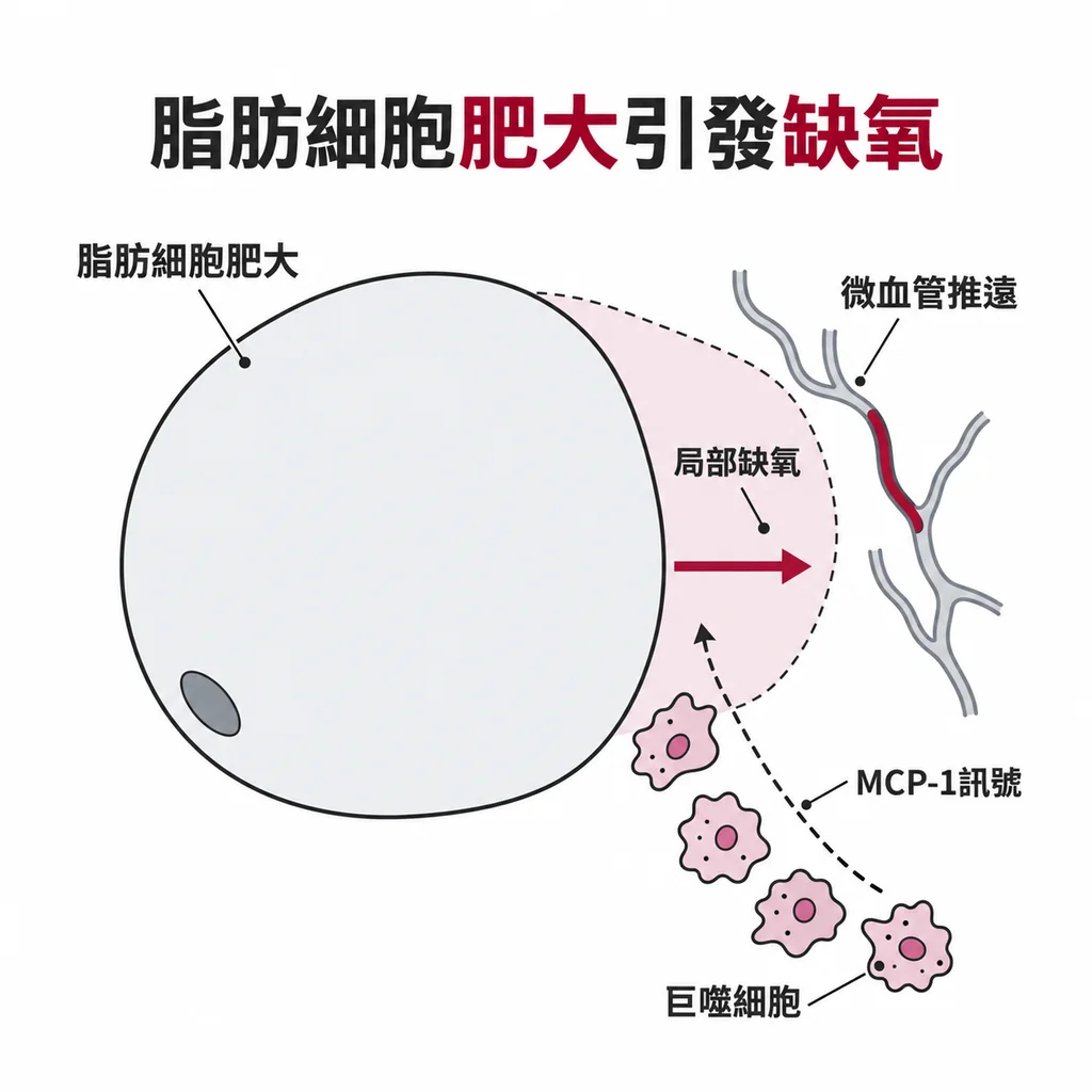 線稿插圖:被撐大的脂肪細胞旁微血管被推遠形成缺氧區,數個巨噬細胞沿虛線靠近