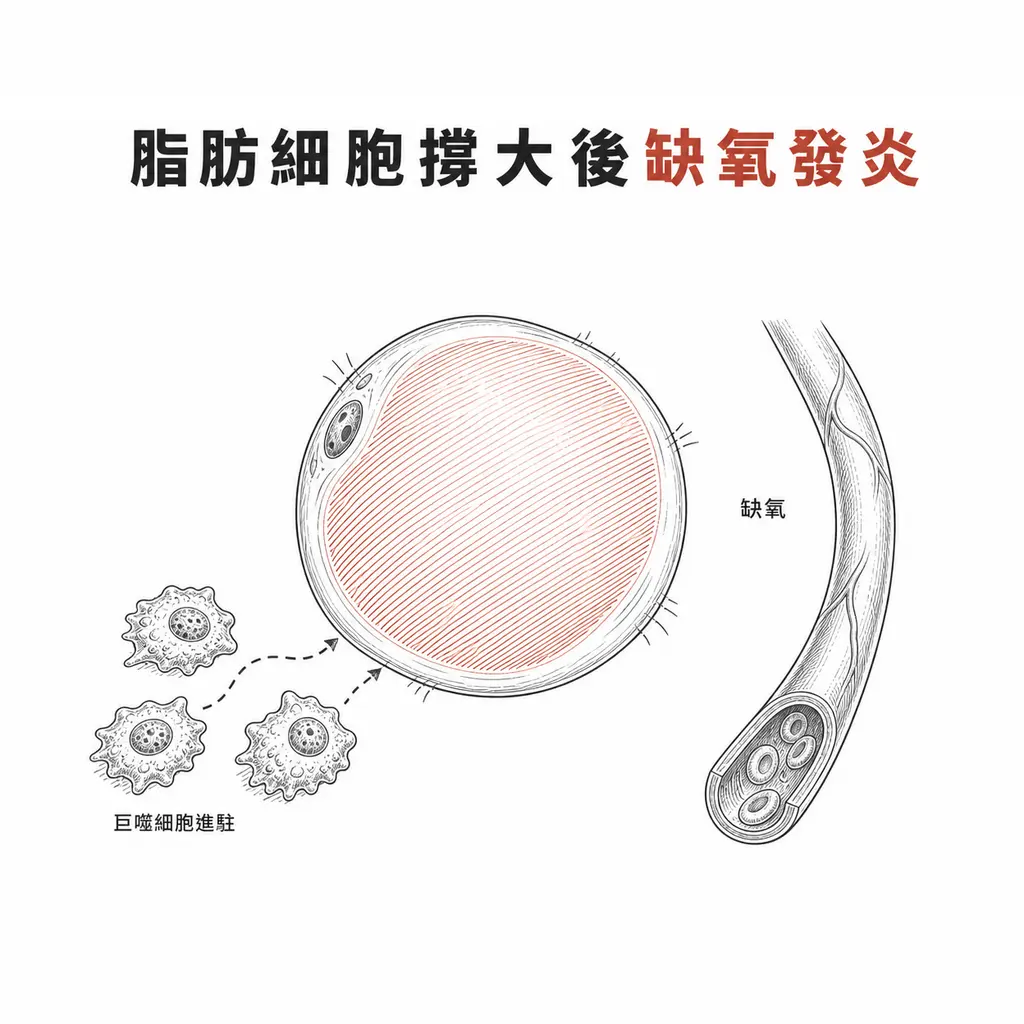 線稿插圖：被撐大的脂肪細胞旁微血管被推遠形成缺氧區，數個巨噬細胞沿虛線靠近