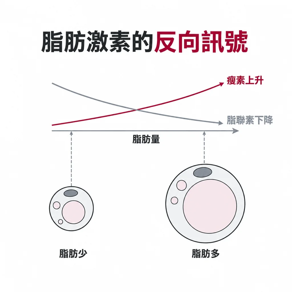 線稿插圖:左小右大兩個脂肪細胞,上方兩條交叉線顯示瘦素隨脂肪上升、脂聯素隨脂肪下降