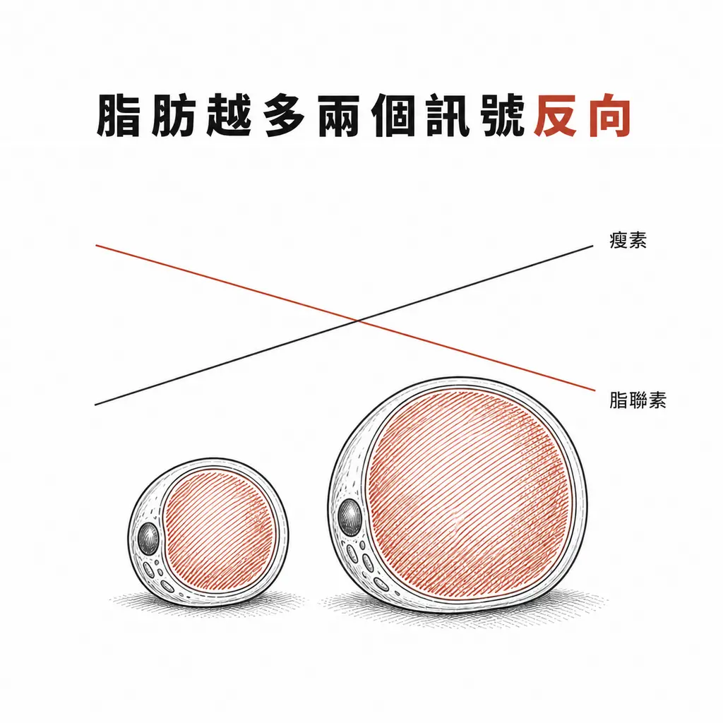 線稿插圖：左小右大兩個脂肪細胞，上方兩條交叉線顯示瘦素隨脂肪上升、脂聯素隨脂肪下降