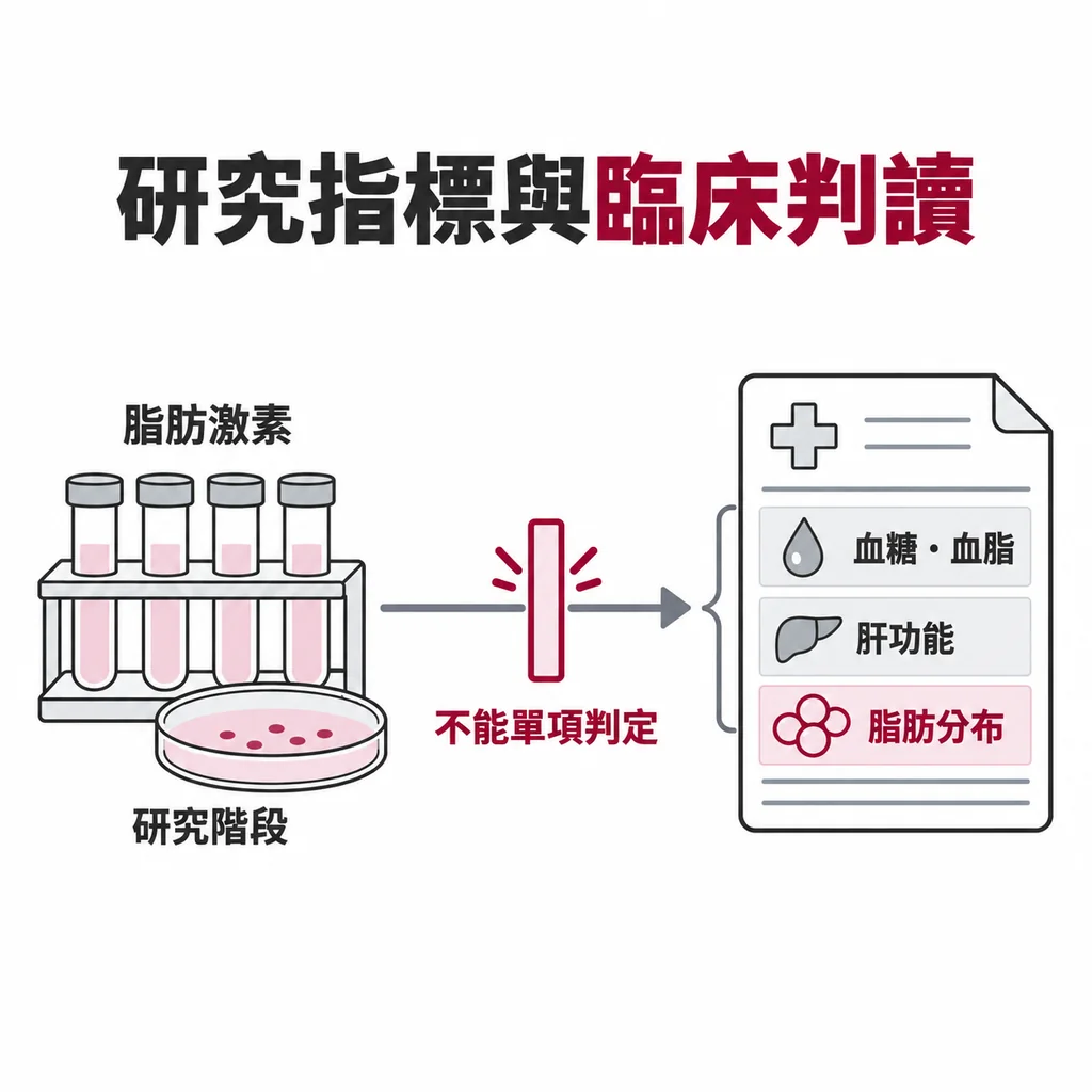 線稿插圖:左側試管架與培養皿代表研究指標,右側健檢報告單上有一列以暖磚色標示