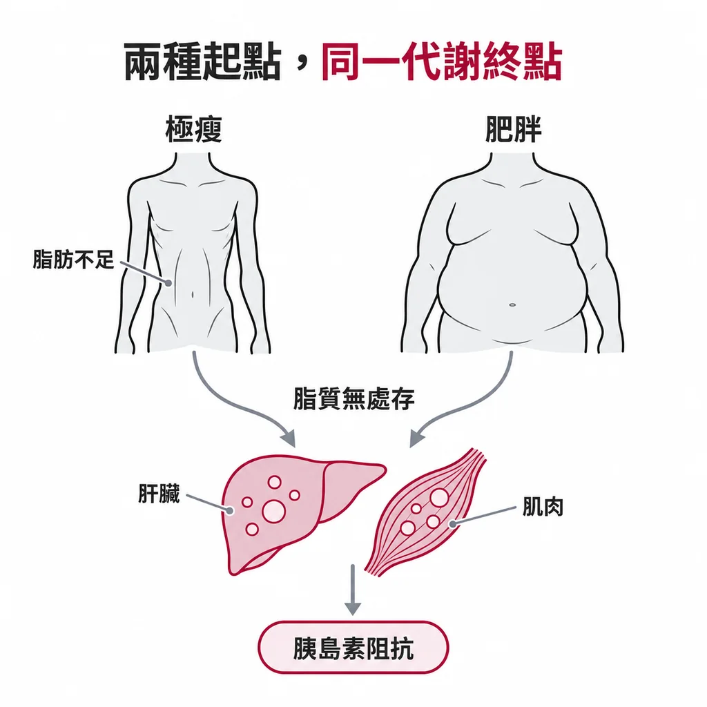 線稿插圖:極瘦與肥胖兩個軀幹輪廓,兩支箭頭都指向下方同一組肝臟與肌肉