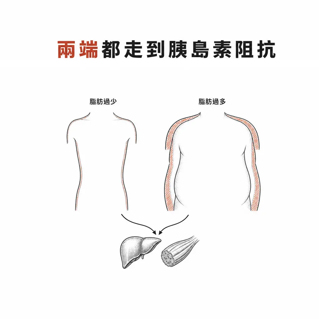 線稿插圖：極瘦與肥胖兩個軀幹輪廓，兩支箭頭都指向下方同一組肝臟與肌肉