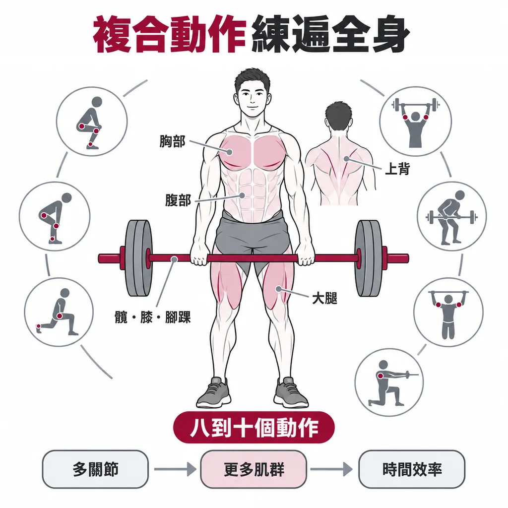 線稿圖：一名成人手持槓鈴站立，胸部、腹部、上背與大腿等主要肌群以淡色標示