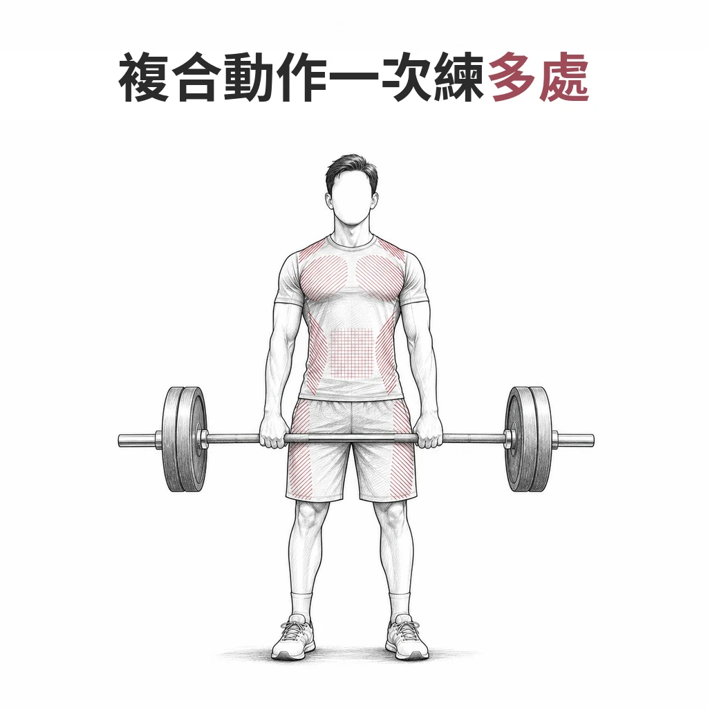 線稿圖:一名成人手持槓鈴站立,胸部、腹部、上背與大腿等主要肌群以淡色標示