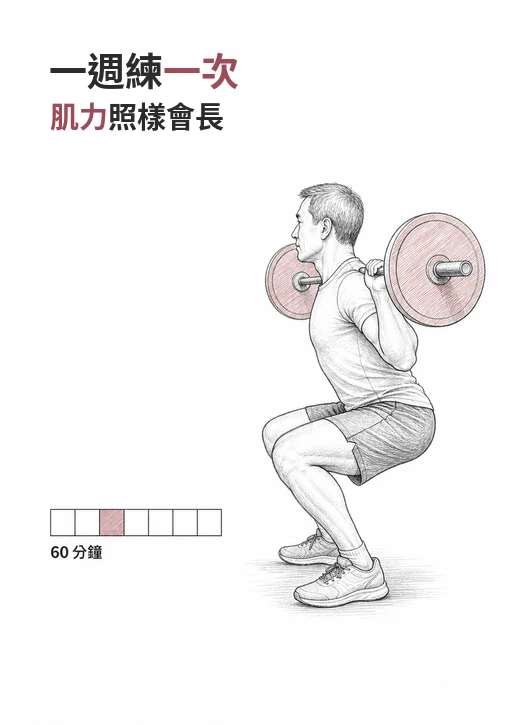 線稿插圖：一名中年人做槓鈴深蹲，旁邊一週七格中只標記一格，標示 60 分鐘