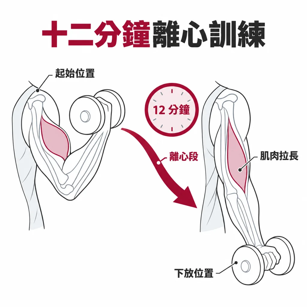 線稿圖：手臂持啞鈴由上往下放的兩個位置，一條弧形箭頭標示離心段，並標示 12 分鐘