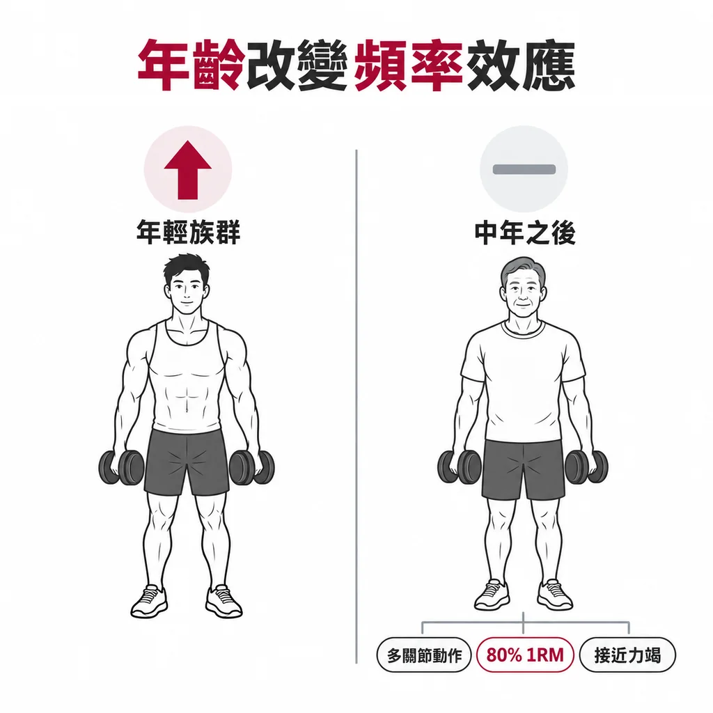 線稿圖：兩名持啞鈴的成人並列，年輕人上方為向上箭頭，中年之後上方為持平的短線