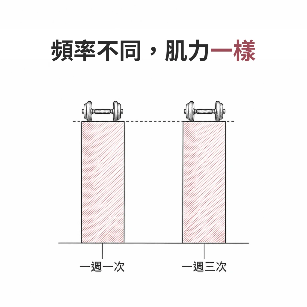 線稿圖:兩根等高的柱狀分別標示一週一次與一週三次,虛線顯示兩者高度相同