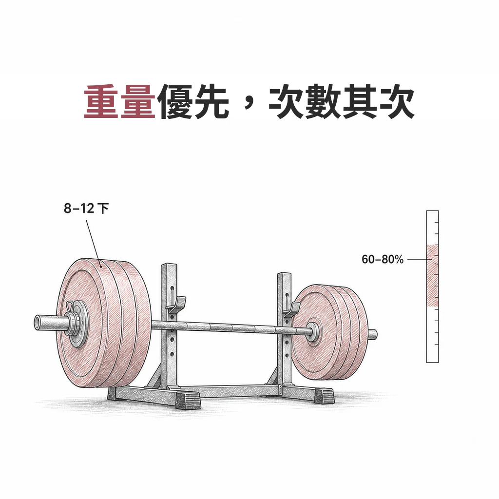 線稿圖:架上的槓鈴與槓片,旁邊縱向刻度標示 60–80% 工作區間,槓片標示 8–12 下