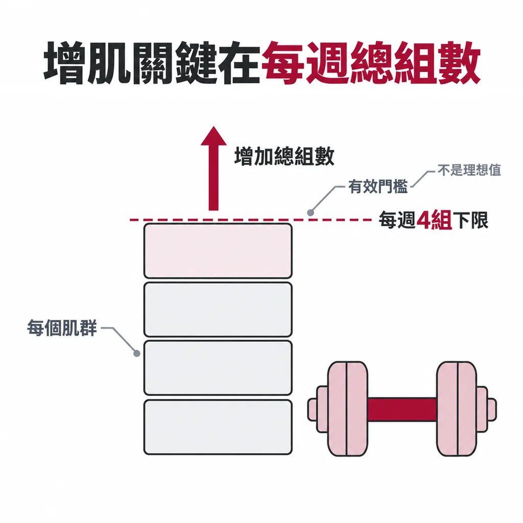 線稿圖：四層堆疊的組數方塊，最上方以虛線標示下限，旁邊放置一支啞鈴