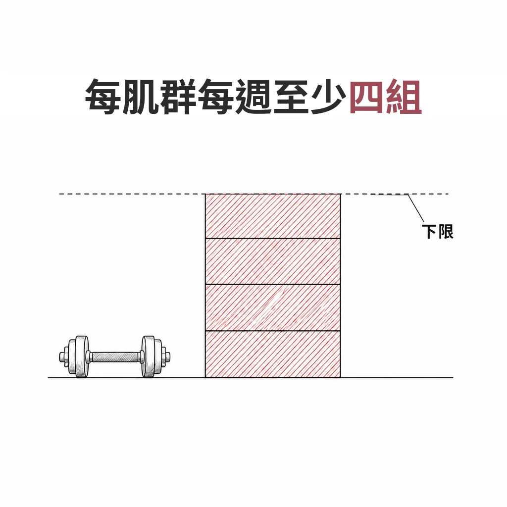 線稿圖:四層堆疊的組數方塊,最上方以虛線標示下限,旁邊放置一支啞鈴