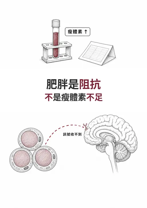 直式封面：抽血管與檢驗單，脂肪細胞以虛線訊號指向腦部但訊號中斷