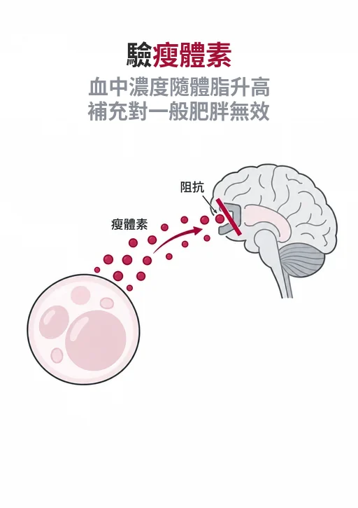 直式封面：抽血管與檢驗單，脂肪細胞以虛線訊號指向腦部但訊號中斷