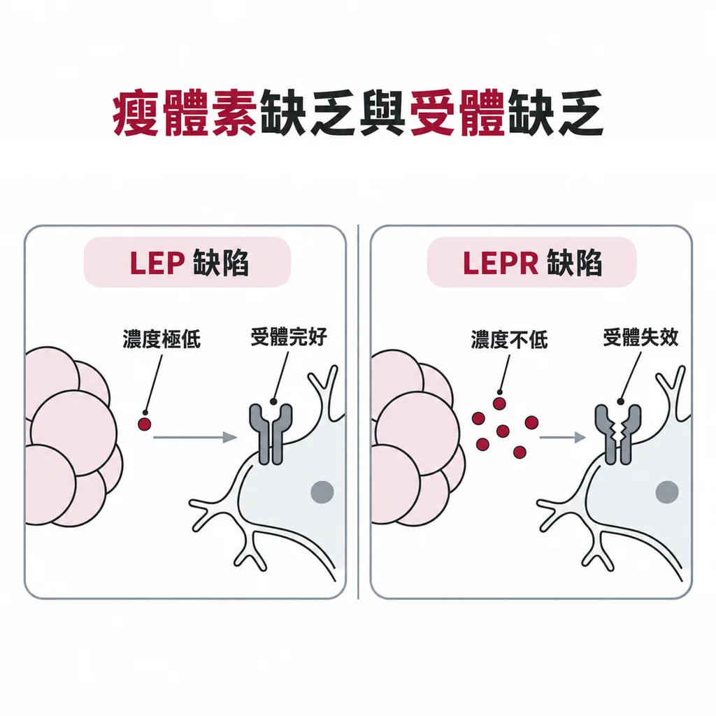 先天性瘦體素缺乏時濃度極低但受體完好；受體缺乏時瘦體素濃度不低，壞的是受體