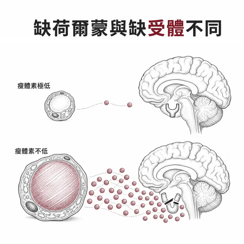 先天性瘦體素缺乏時濃度極低但受體完好；受體缺乏時瘦體素濃度不低，壞的是受體