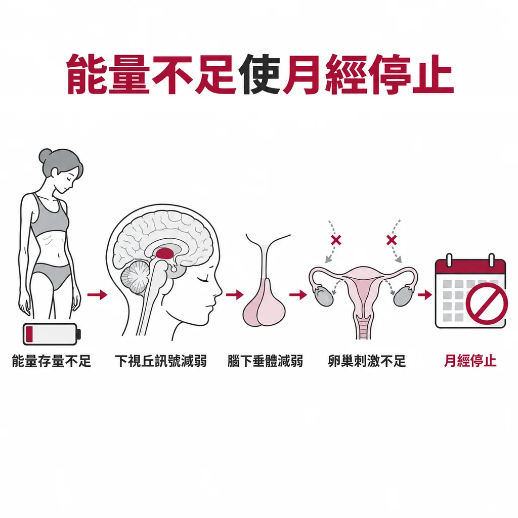 能量存量不足時下視丘與腦下垂體訊號減弱，卵巢未受刺激，月經停止