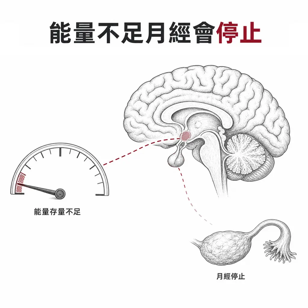 能量存量不足時下視丘與腦下垂體訊號減弱，卵巢未受刺激，月經停止