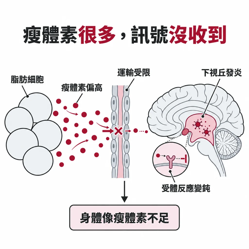 肥胖時脂肪細胞釋出大量瘦體素，下視丘受體反應變鈍，訊號沒有被接收