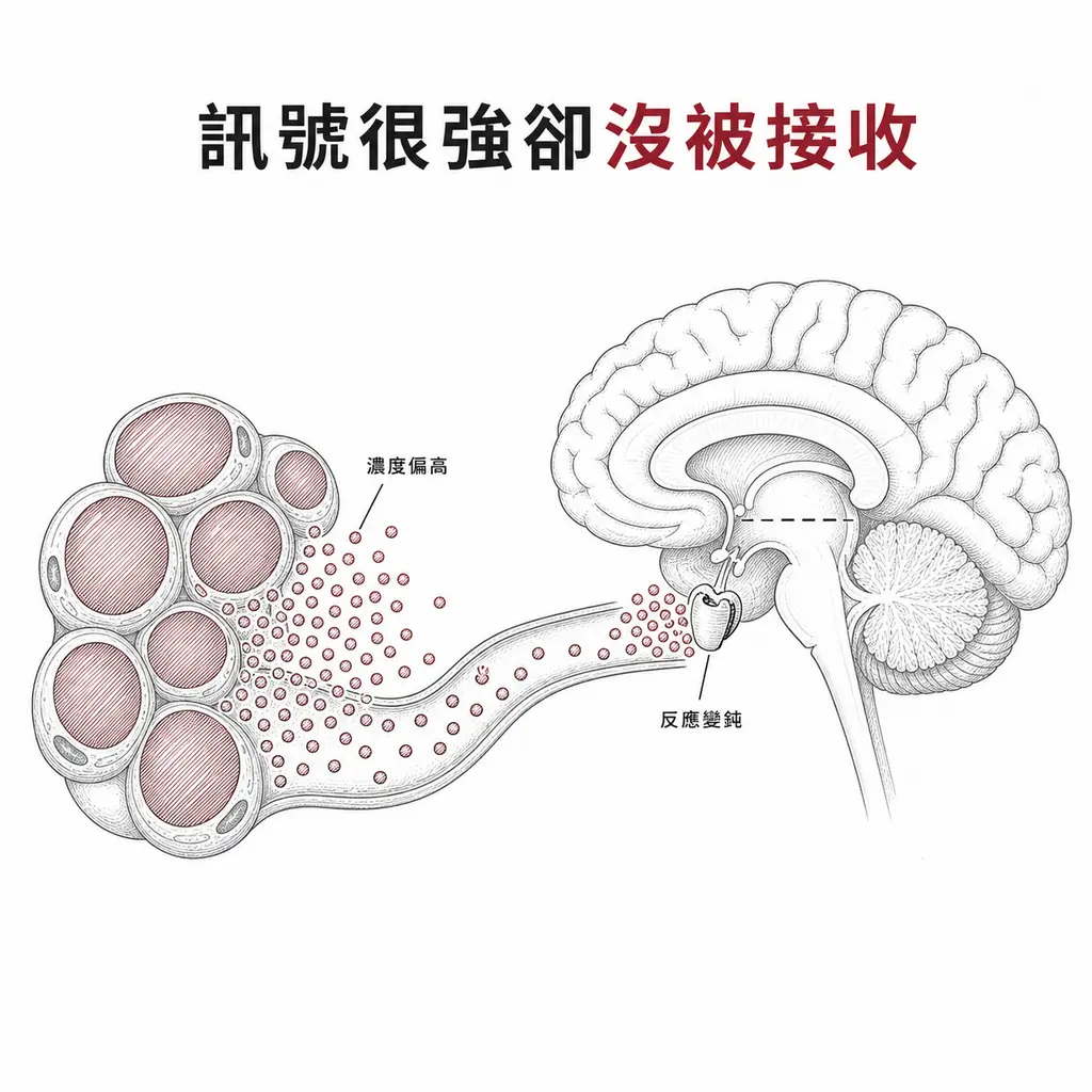 肥胖時脂肪細胞釋出大量瘦體素，下視丘受體反應變鈍，訊號沒有被接收