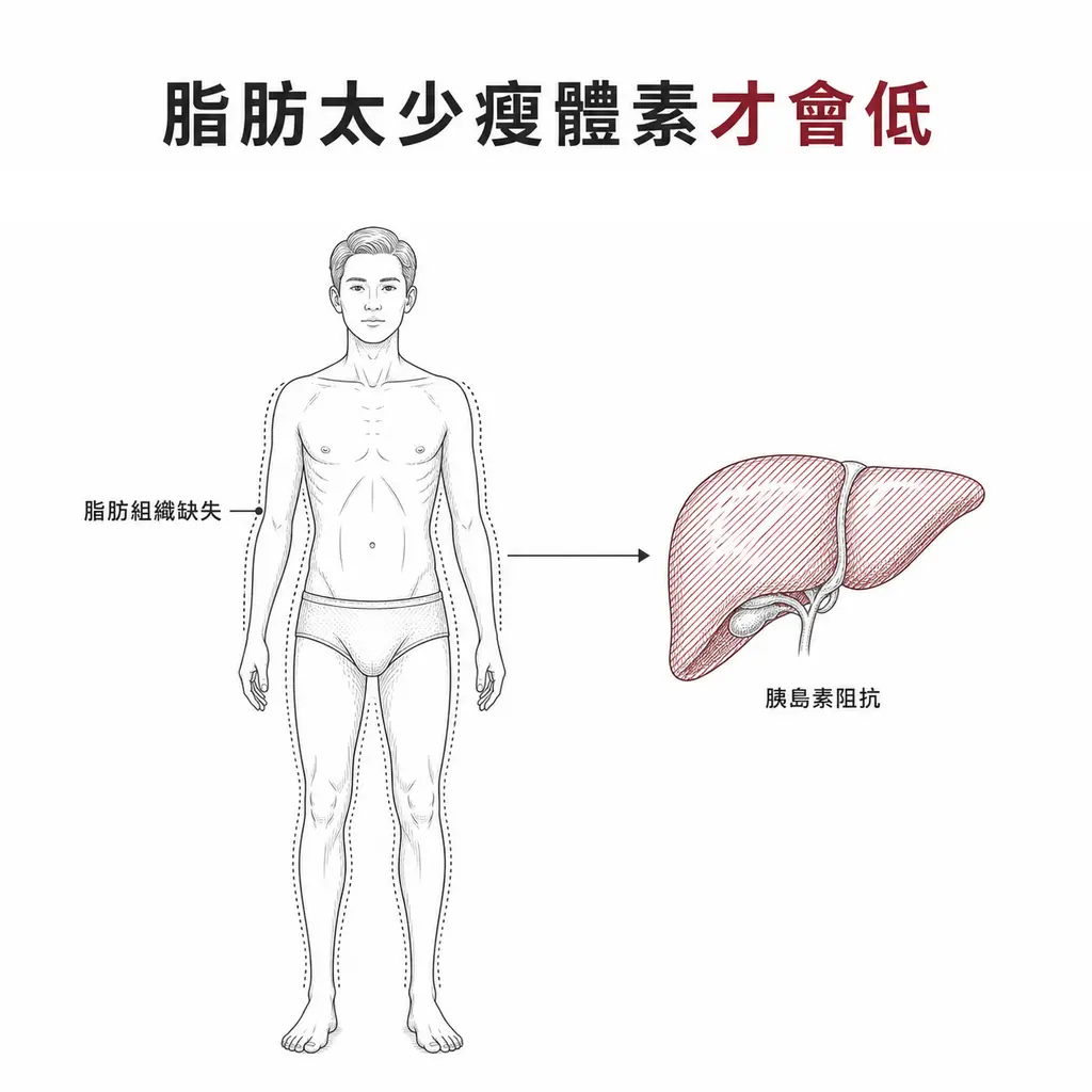 脂肪失養症的皮下脂肪缺失，瘦體素才會真正偏低，脂肪堆積到肝臟並伴隨胰島素阻抗