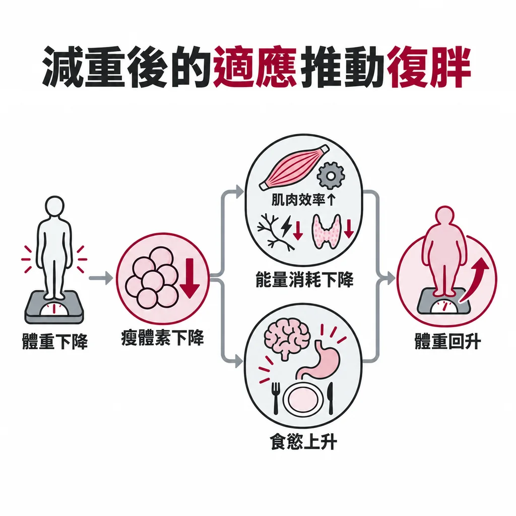 減重後能量消耗下降、食慾上升，這些適應會推動體重回升