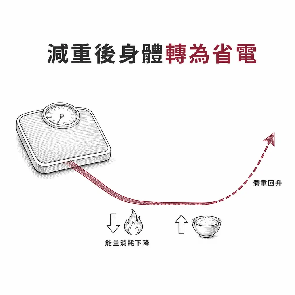 減重後能量消耗下降、食慾上升，這些適應會推動體重回升