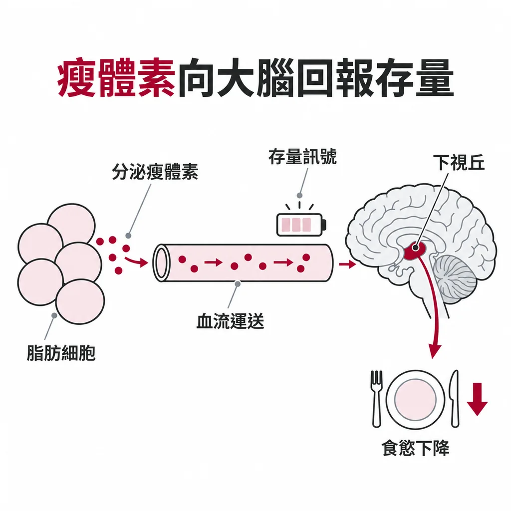 脂肪細胞分泌瘦體素，經血流送到下視丘，訊號代表能量存量，接收後食慾下降