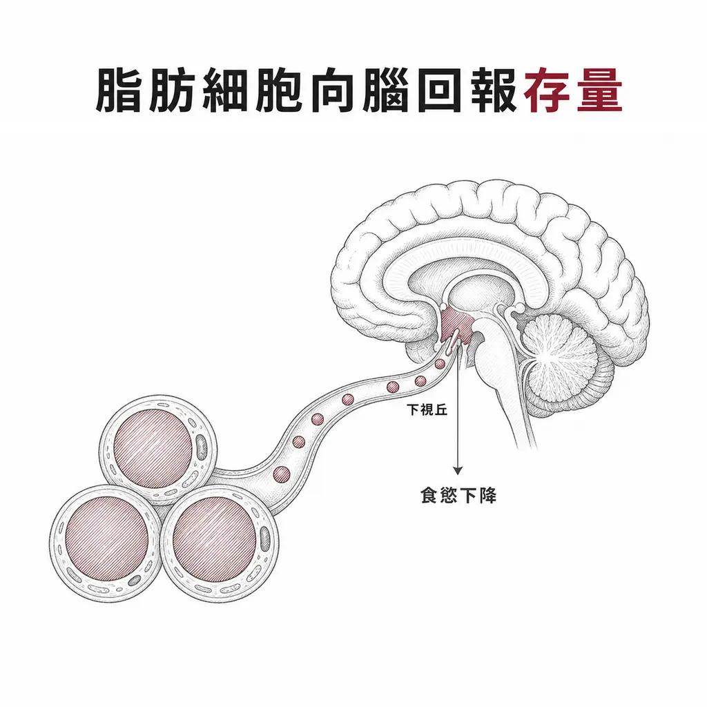 脂肪細胞分泌瘦體素，經血流送到下視丘，訊號代表能量存量，接收後食慾下降