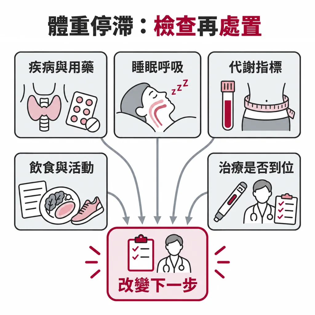 體重停滯時該檢查藥物與疾病、睡眠呼吸、代謝指標，這些結果會改變處置