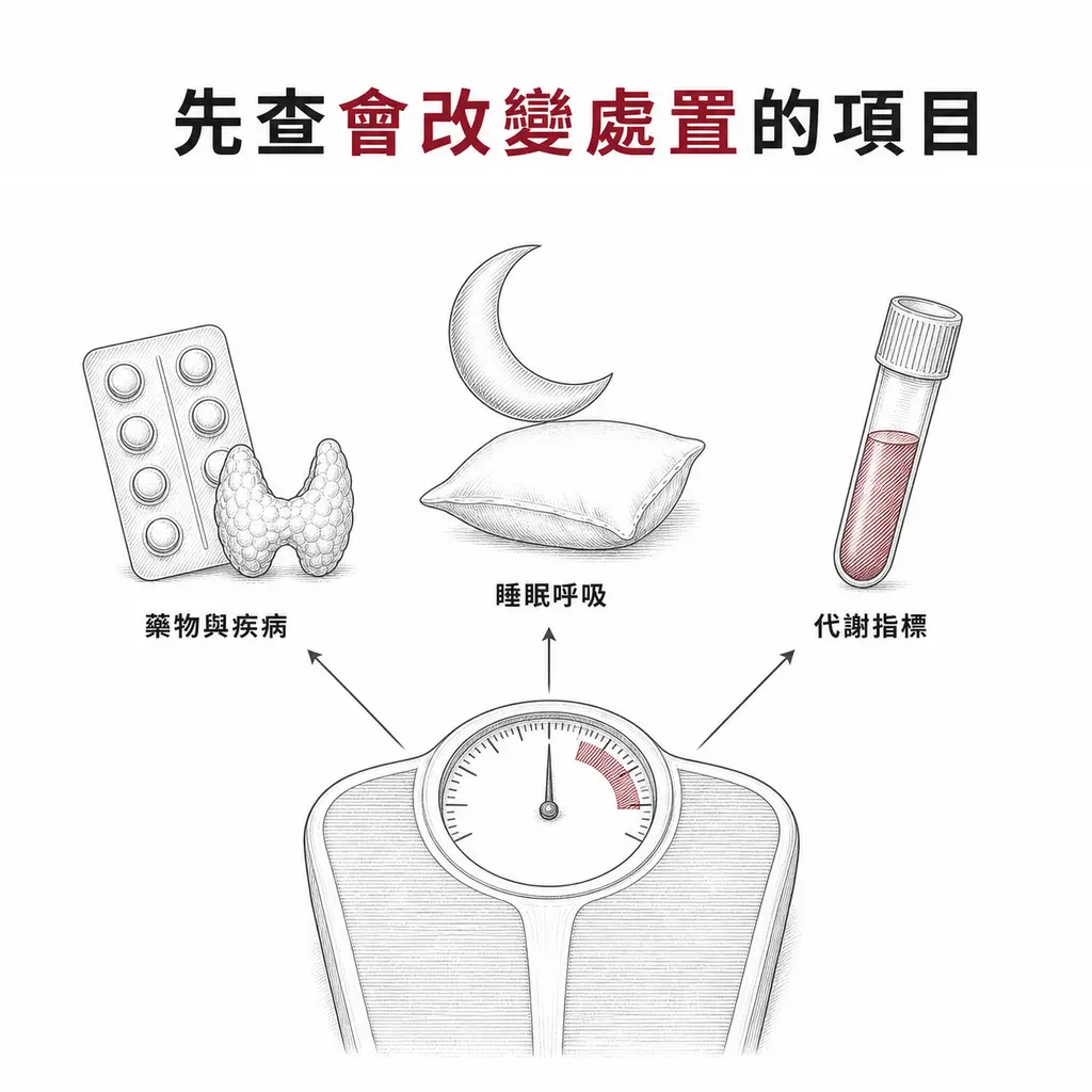 體重停滯時該檢查藥物與疾病、睡眠呼吸、代謝指標，這些結果會改變處置