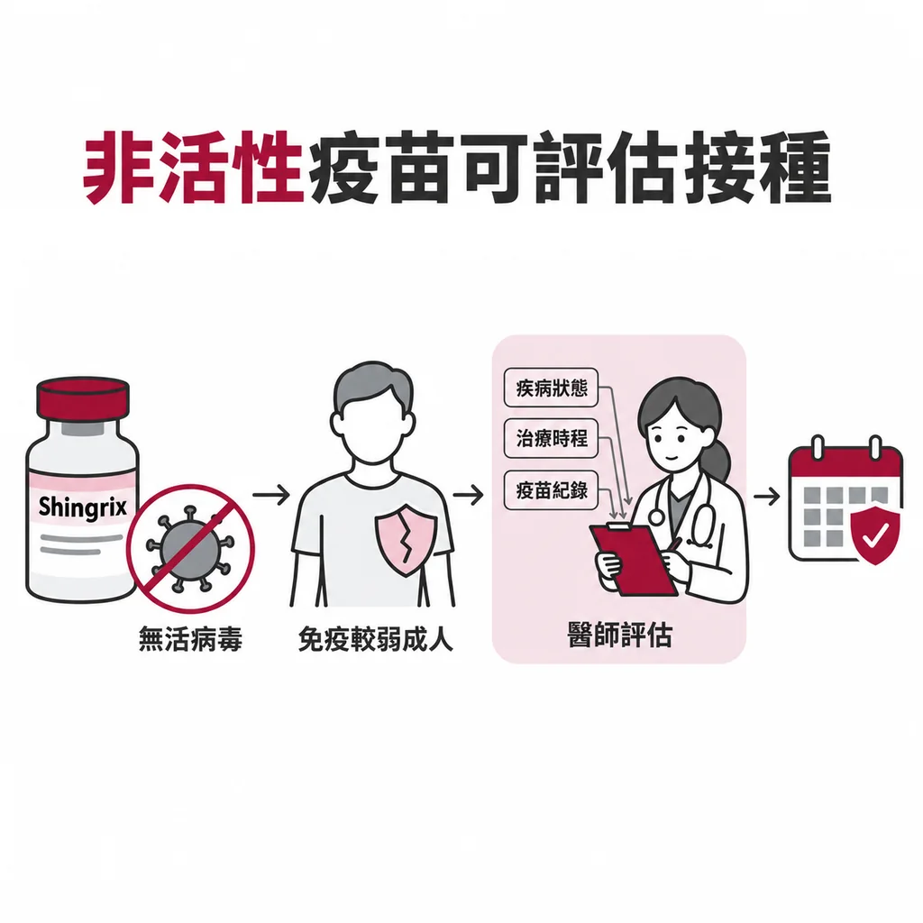 Shingrix是非活性疫苗,免疫功能較弱者可由醫療人員評估接種