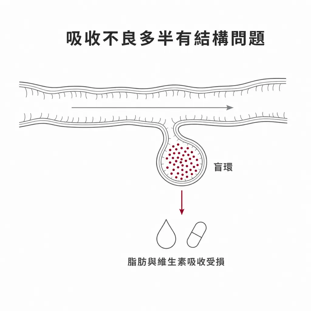示意圖:小腸側邊的盲環形成死角,細菌困在其中大量增生,進而造成脂肪與維生素吸收受損