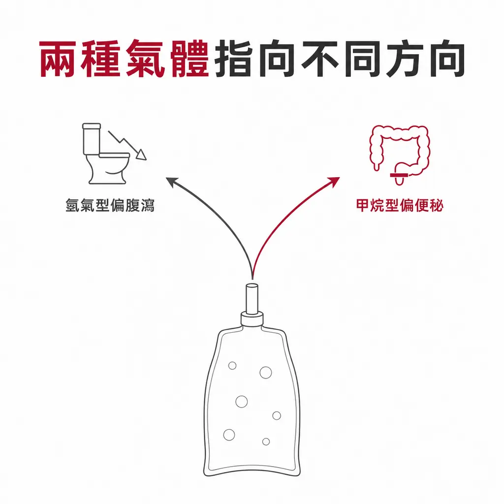 示意圖：同一份呼氣測試檢體，測到氫氣偏高者症狀偏向腹瀉，測到甲烷偏高者則偏向便祕，後者另歸類為腸道甲烷菌過度增生