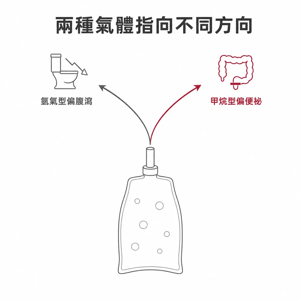 示意圖:同一份呼氣測試檢體,測到氫氣偏高者症狀偏向腹瀉,測到甲烷偏高者則偏向便祕,後者另歸類為腸道甲烷菌過度增生