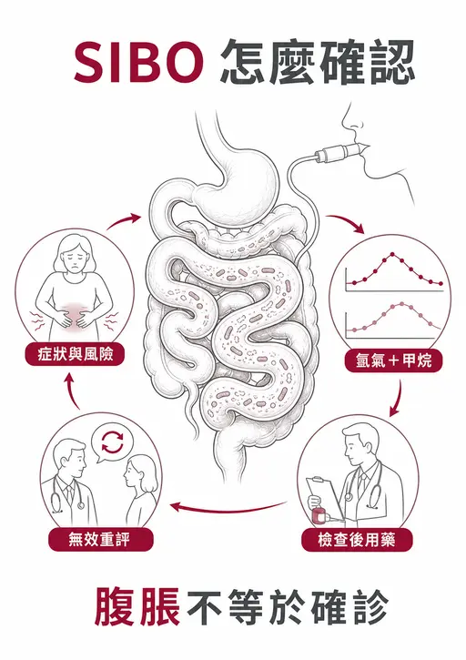 SIBO 診斷流程：從症狀與風險、氫氣和甲烷呼氣試驗，到檢查後用藥與無效時重新評估