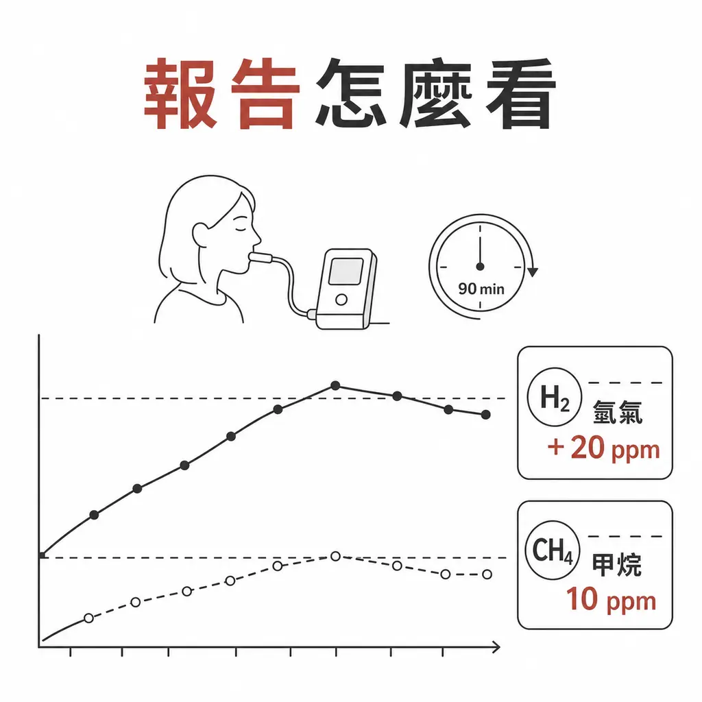 SIBO 呼氣檢查以氫氣增加二十 ppm 與甲烷十 ppm 作為常用判讀線索