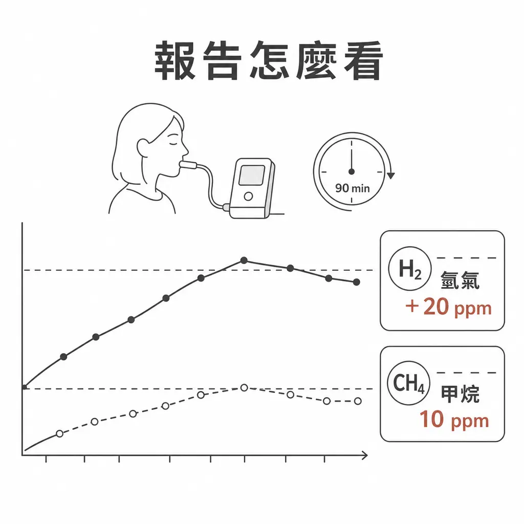 SIBO 呼氣檢查以氫氣增加二十 ppm 與甲烷十 ppm 作為常用判讀線索