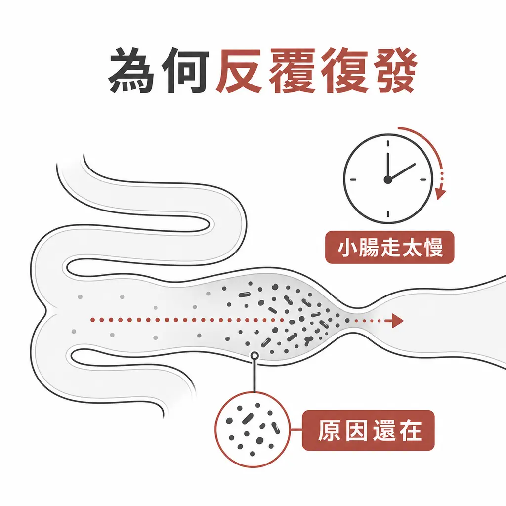 小腸移動太慢時，微生物較容易再次累積