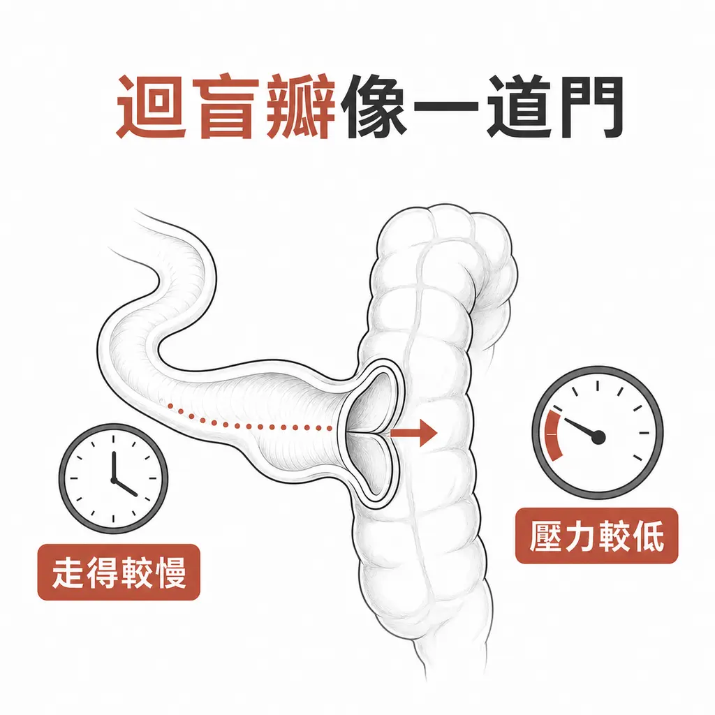 迴盲瓣位在小腸與大腸交界，研究發現陽性者壓力較低且通過較慢