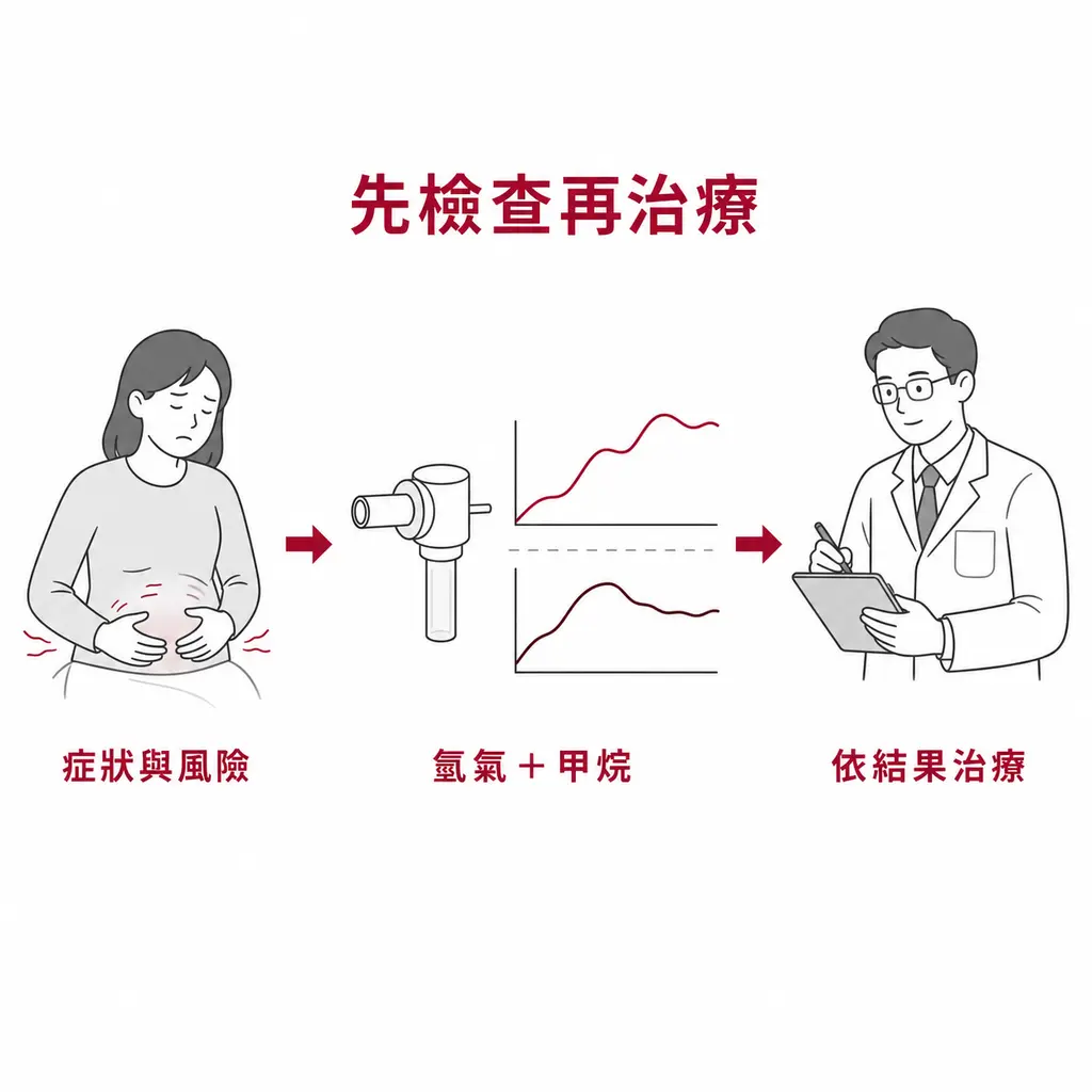 SIBO 檢查導向治療流程:先評估症狀與風險,再測氫氣和甲烷,最後由醫師依結果治療