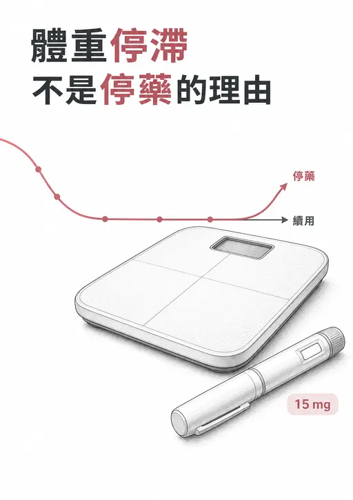直式封面：體重曲線降到平台期後分為續用維持與停藥回升兩條路徑，旁為體重計與 15 毫克注射筆