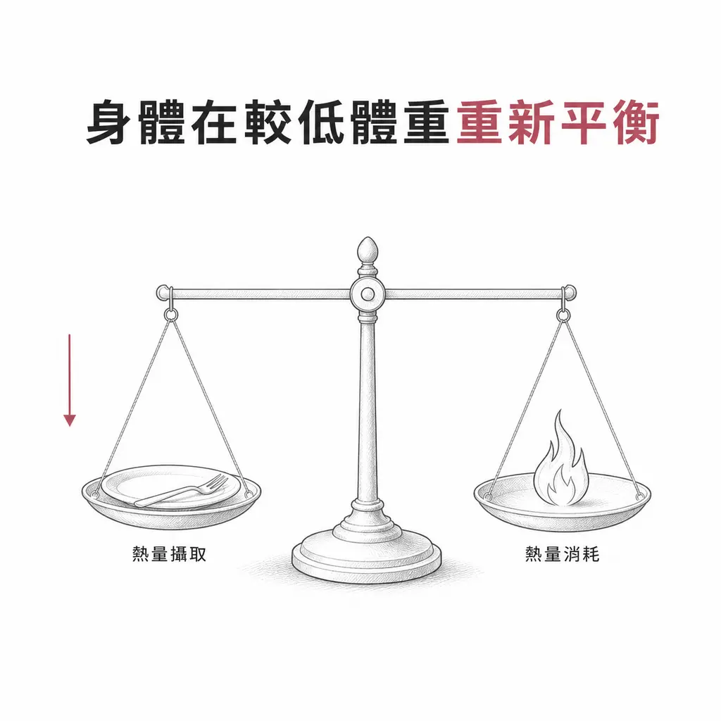 天平示意圖：熱量攝取與熱量消耗在較低體重重新取得平衡