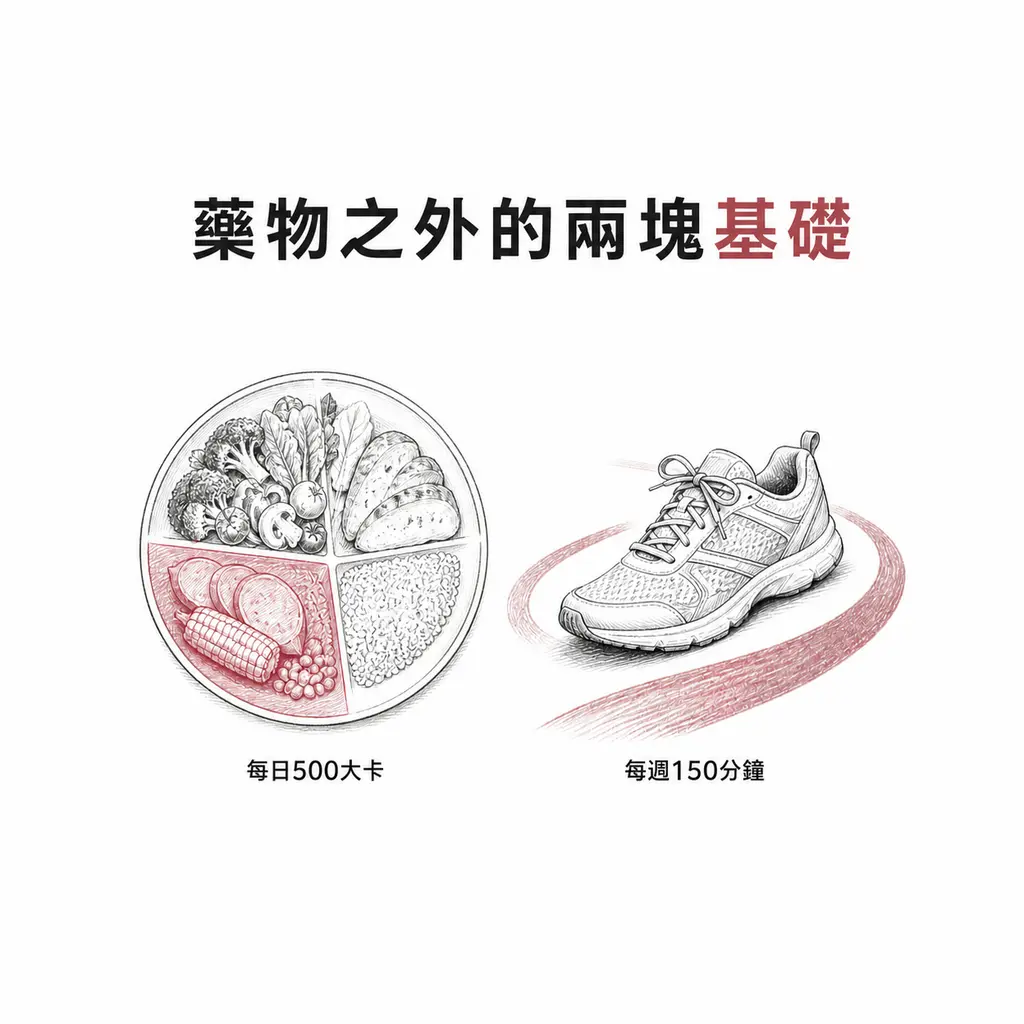 兩個圖示：每日約 500 大卡熱量赤字，以及每週至少 150 分鐘身體活動