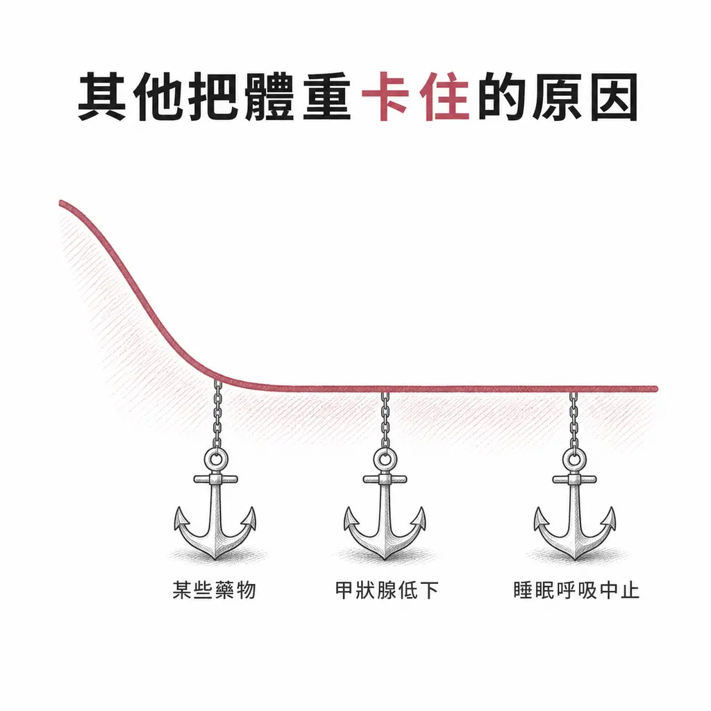 體重曲線被三個因素錨住：某些藥物、甲狀腺功能低下、睡眠呼吸中止症